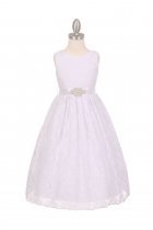 White Sleeveless Lace Flower Girl Dress With Beaded Satin Sash